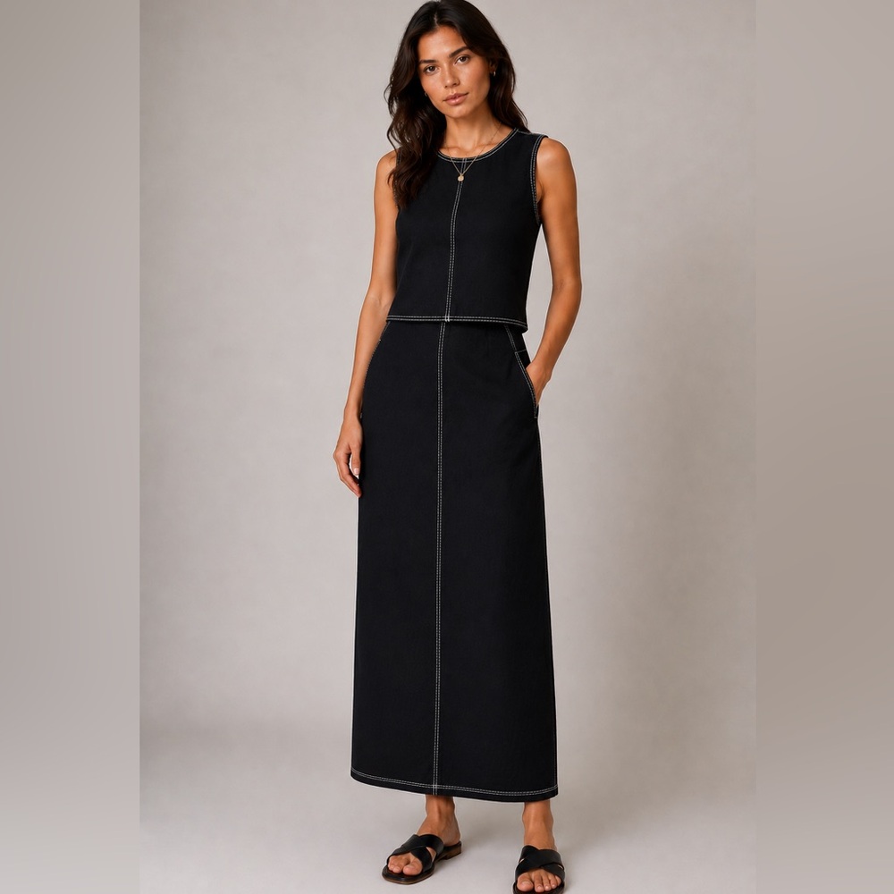 NWT Crescent Sleeveless Black Maxi Set with Contrast Stitching Sz M